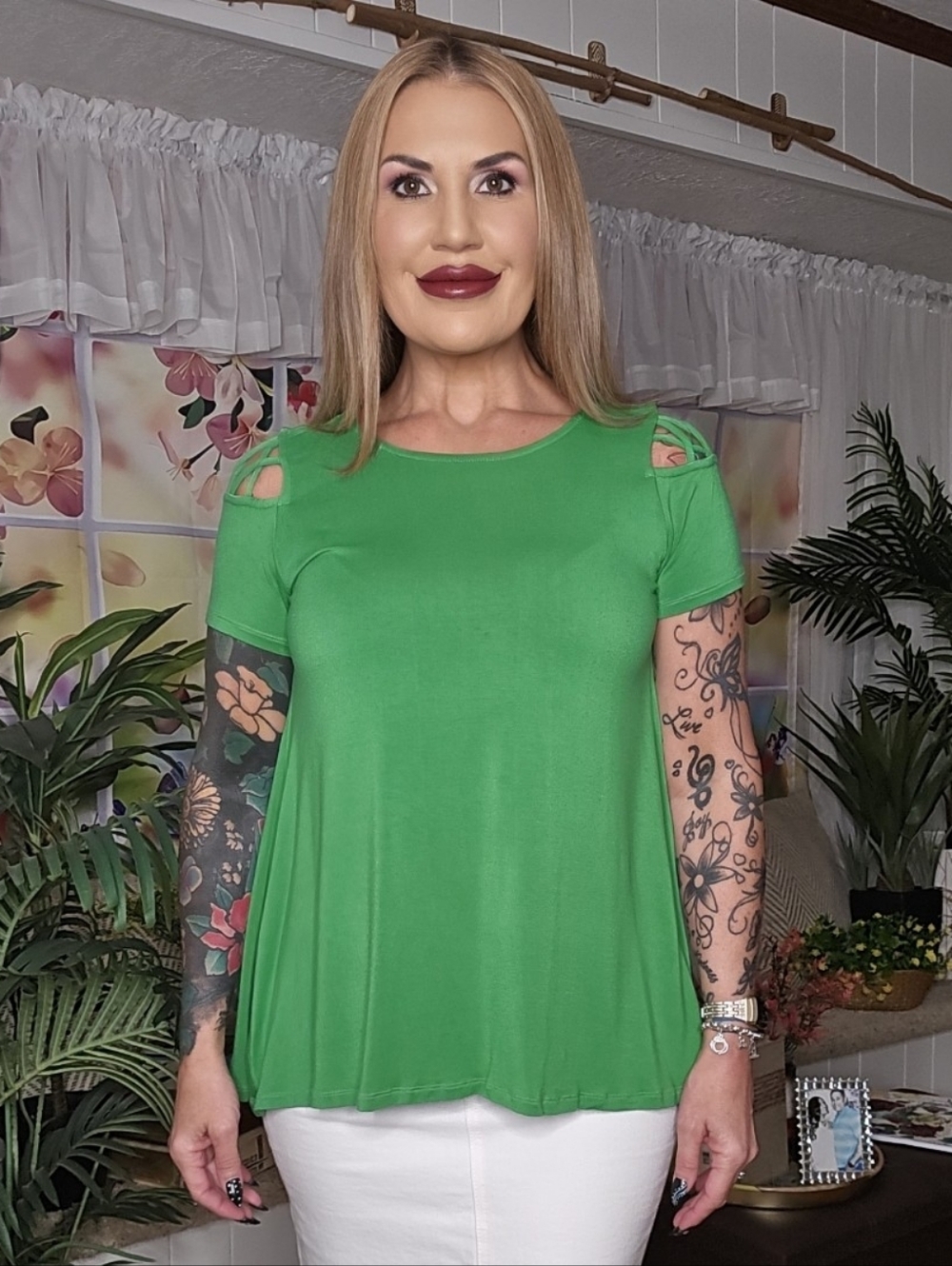 Green Short Sleeves Tunic Top